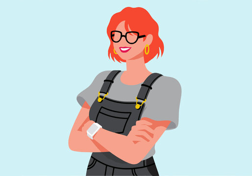 Confident young woman with arms crossed standing against blue background