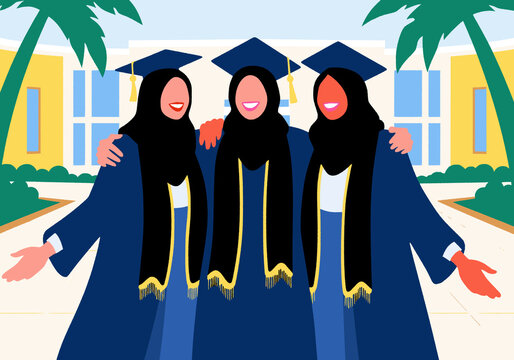 Female friends in graduation gowns outside university symbolizing pride