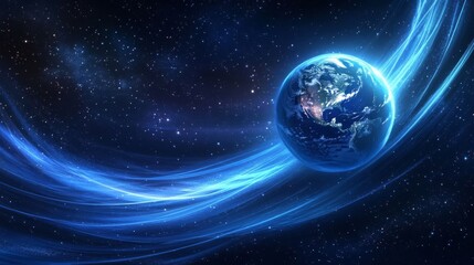 Obraz premium Earth in the universe, gradient 3D blue technological curves, blue background, blue earth background.
