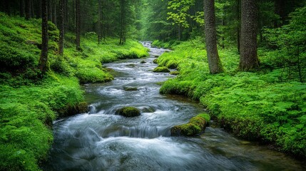 Obraz premium Serene Forest Stream Flowing Through Lush Green Foliage