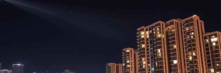 Fototapeta premium A modern apartment with a bright spotlight shining on it in a luxury condo complex, high-rise, modern, spotlight