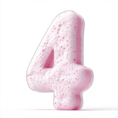 A pink, bubbly number four, resembling foam, set against a white background.