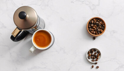 a stylish flat lay of a coffee setup on a white marble countertop, featuring a cup of freshly brewed coffee, a spoon, and an elegant plate with a pastry, creating a refined and cozy ambiance