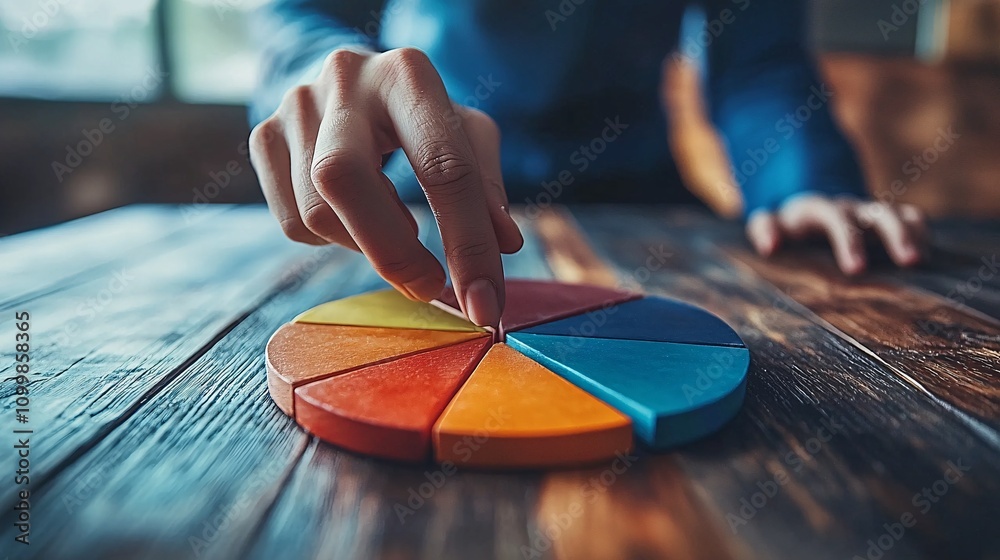 Poster A hands-on demonstration of categorizing expenses using a pie chart Stock Photo with side copy space