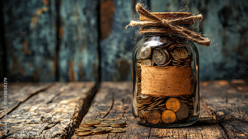 Poster a symbolic jar filled with coins labeled emergency preparedness fund stock photo with side copy spac