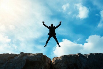 A businessman jumps joyfully from one cliff to another, embodying courage and freedom against a vibrant sky background that symbolizes opportunity.