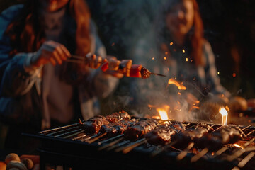 Fototapeta premium Generative AI Happy Kid Man Woman Family Couple friends Enjoying BBQ Picnic Celebrating Summer Weekend Outdoors