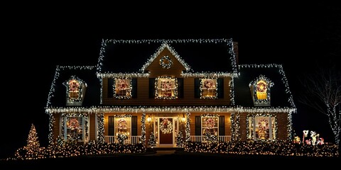 Large house with white Christmas lights framing the windows and roof, and wreaths hanging on each window for a classic holiday look.