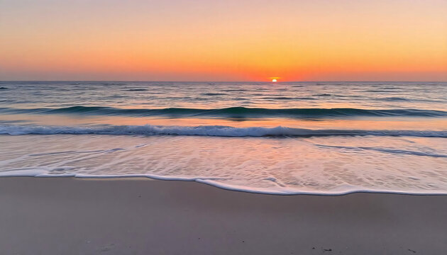 a tranquil beach scene with soft, white sand and gentle ocean waves lapping at the shore, under a bright blue sky, evoking a sense of calm and relaxation