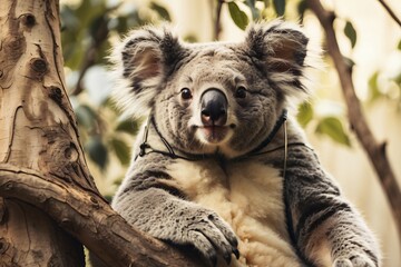 Naklejka premium A close-up of a koala resting on a tree branch, showcasing its unique features and habitat.