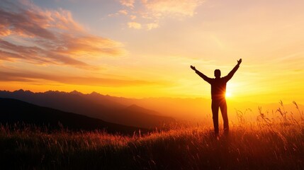 A silhouette of a person with arms raised in celebration against a stunning sunset backdrop, symbolizing freedom, joy, and connection with nature.