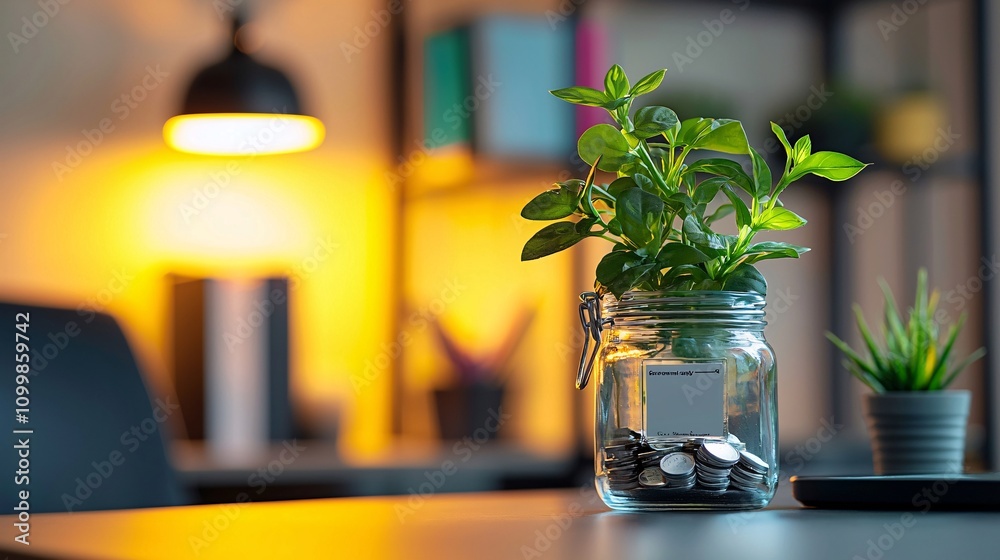 Poster A vibrant visual of a bar graph labeled emergency savings progress on a home office desk Stock Photo with side copy space