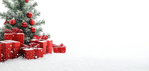 A white background with Christmas gifts wrapped in red ribbons and a pine tree, providing a festive space for adding text. 