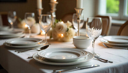 An elegant dining table setup with fine china plates, silver cutlery, crystal glasses, and a linen tablecloth, creating a sophisticated and luxurious dining experience