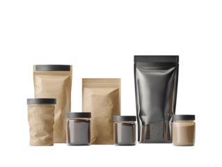 Eco-friendly packaging in various shapes, on beige background.  PNG transparent.
