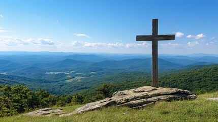 Wooden Cross on Mountaintop with Scenic View