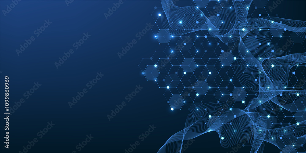 Aufkleber Molecular structure background. Science template wallpaper or banner with a DNA molecules. Abstract molecule background with hexagons, wave flow, illustration.