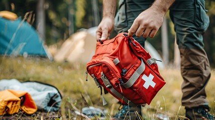 A person holding a red first aid kit in a natural setting, preparing for outdoor activities.