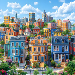 Obraz premium Colorful hillside town with vibrant houses, lush greenery, and clear blue sky.