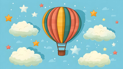 Fototapeta premium Colorful hot air balloon floats amidst fluffy clouds and twinkling stars against a bright blue sky.