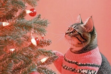 Festive cat in ugly Christmas sweater by holiday tree with warm lights