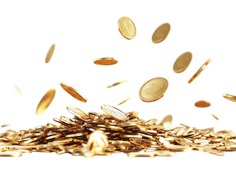 Pile of golden coins with some falling, isolated on a white background.  PNG transparent.