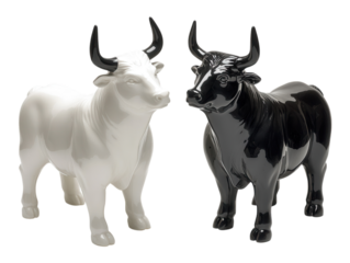 Bull and bear statues representing market trends, isolated on a white background.  PNG transparent.