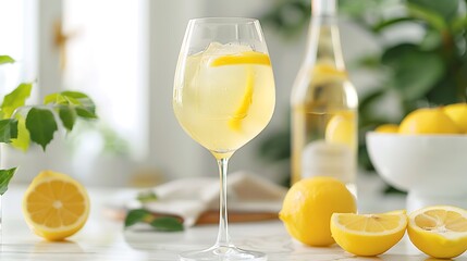 Fototapeta premium A refreshing drink in a glass with lemon slices, surrounded by fresh lemons and greenery, evoking a bright, summery vibe.
