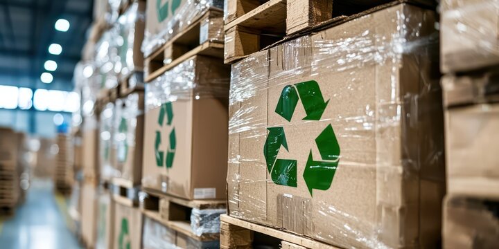 Recyclable packaging boxes stacked in a warehouse, ready for eco-friendly distribution.