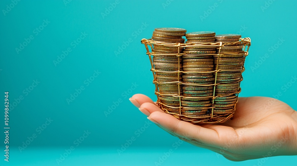 Poster a symbolic image of a hand holding a safety net of coins to represent financial planning stock photo