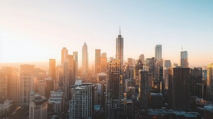 Fototapeta premium Golden hour cityscape panorama, showcasing numerous skyscrapers bathed in warm sunlight.
