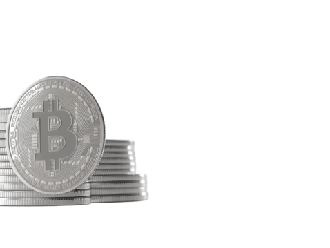 Stacks of cryptocurrency coins with Bitcoin, Ethereum, and others, isolated on a white background.  PNG transparent. - Powered by Adobe