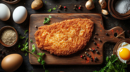 Kotlet schabowy breaded pork cutlet on wooden board
