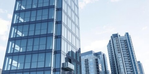 Fototapeta premium Modern apartment building with sleek design and blueprint plans, city, real estate, glass