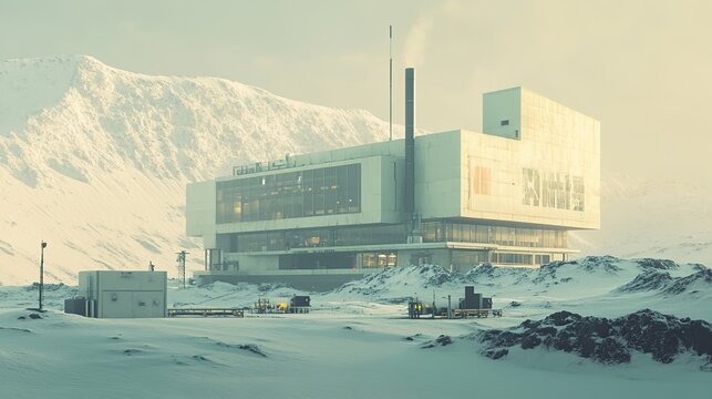 A Bright and Transparent Cyberpunk-Style Factory Set Against Snowy Mountains, Showcasing a Modern Production Environment That Highlights Advanced Manufacturing Capabilities and Efficient Management. T