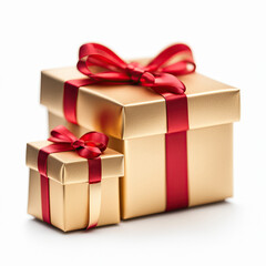 Obraz premium Golden gift boxes with red ribbon bow isolated on white background