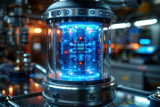 An illustration of quantum technology, showcasing instruments and applications in computing, cryptography, and communication with quantum physics elements.