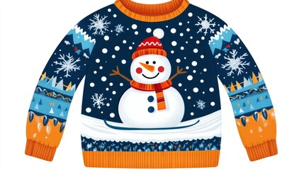 Playful ugly sweater featuring a skiing snowman, glittery snow trails, and bold winter-themed colors, isolated on a white background