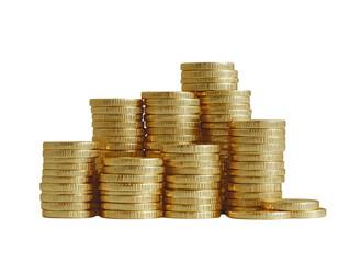 Stacks of gold coins in various heights, isolated on a white background.  PNG transparent.