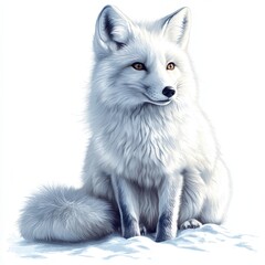 Majestic white fox sitting on snowy terrain in winter landscape.