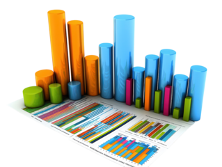 Data charts and statistics on paper sheets, isolated on a white background.  PNG transparent.