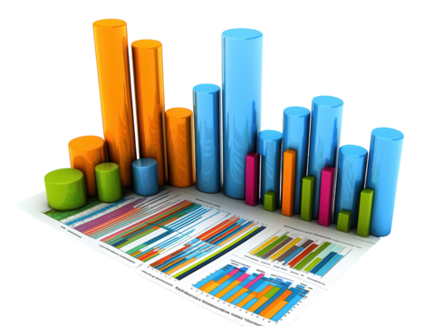 Data charts and statistics on paper sheets, isolated on a white background.  PNG transparent.