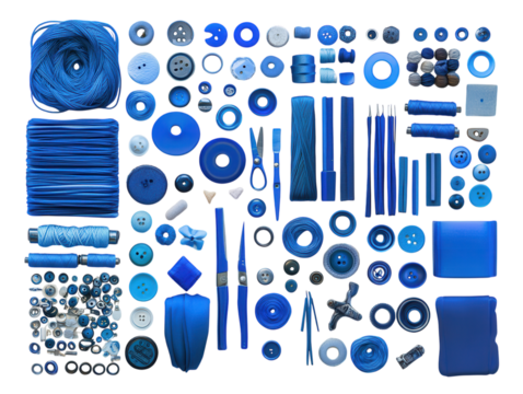 Blue sewing materials including threads, scissors, and buttons, isolated on a white background.  PNG transparent.