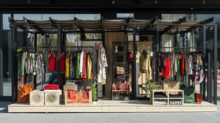 Fototapeta premium Outdoor fashion market with a display of clothing on racks and mannequins 