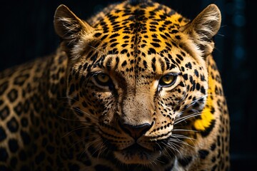 Obraz premium A close-up of a leopard showcasing its striking fur patterns and intense gaze.
