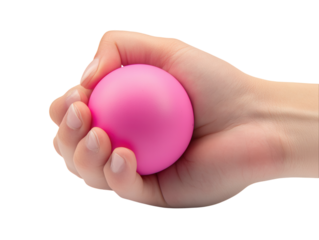 Hand squeezing a pink stress ball, isolated on a white background.  PNG transparent.