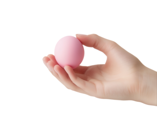 Hand squeezing a pink stress ball, isolated on a white background.  PNG transparent.