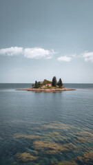 Obraz premium Small isolated island with lush greenery and vacation house. Peaceful island landscape photography with cloudy sky and clear waters on a bright blue sunny day.