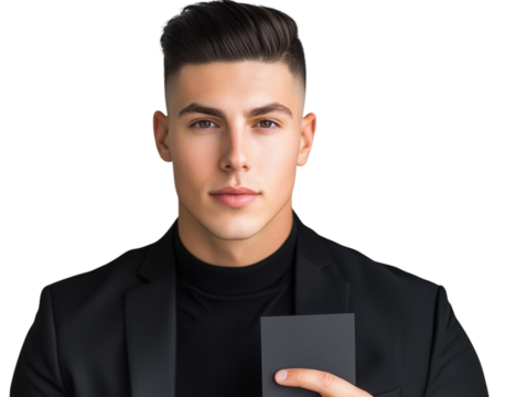 Man holding a blank business card, isolated on a white background.  PNG transparent.