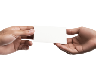 Person handing over a blank business card, isolated on a white background.  PNG transparent.